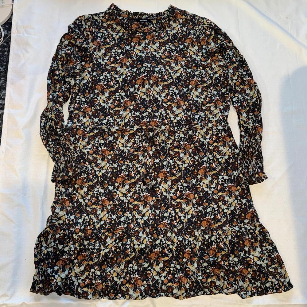 Saint + Sofia Floral Long Smocked Sleeve 12 Ruffle Dress Boho Midi Ditsy Cottage